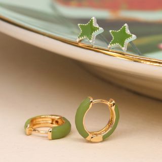 Golden and Green enamel hoop and star earring duo by Peace of Mind